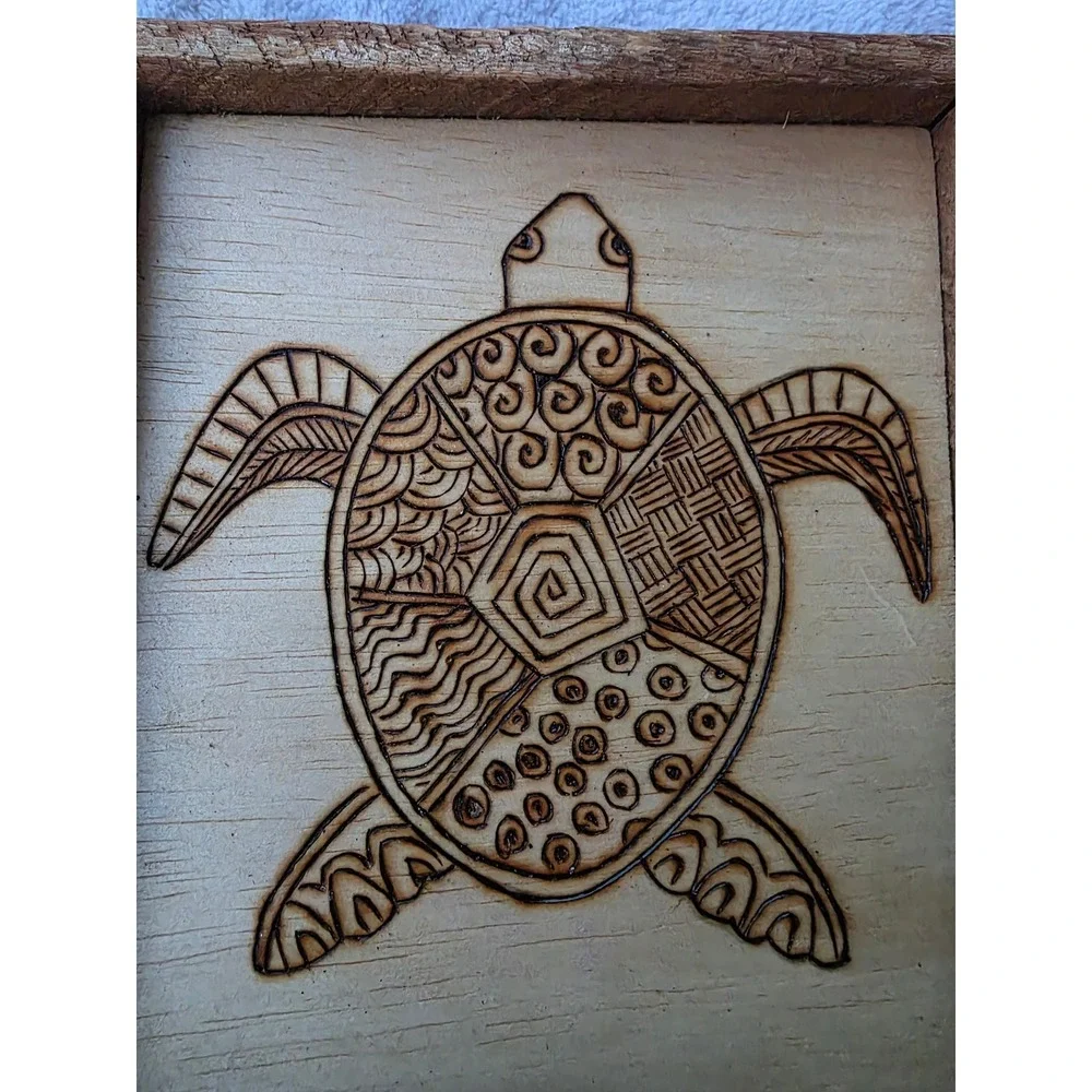 Handmade Wood Burned Sea Turtle Wall Art Rustic Reclaimed Wood Frame Pyrograp E3